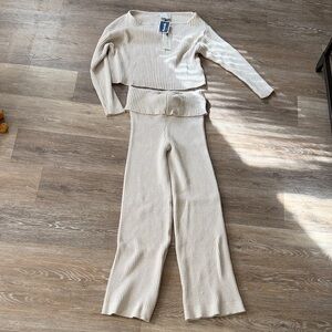 Pink Rose Beige Ribbed Knit Wide-Leg Set